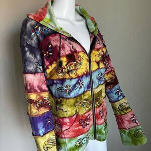 Rainbow Patchwork Boho Hippie Tie Dyed Full Zip Hoodie Women’s Size M/L